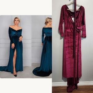 🍷Wine Colour - Off Shoulder Deep Wine Velvet Wrap Gown- Tags On
